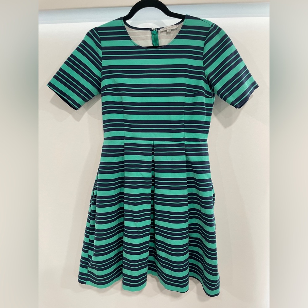 Downeast Green and Navy Striped Pleated Dress